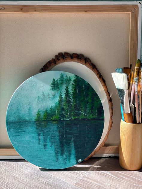 "Original acrylic on canvas painting \"Forest by the lake\" on round canvas diameter 12in Acrylic painting on stretched canvas. The artwork can be displayed with or without a frame. The final work is signed by the artist on the front and finished with a clear gloss varnish to protect the work for years of enjoyment. Please note that the colors you see on your monitor may differ slightly from those of the painting due to variations in monitor settings. The painting will be shipped and packed prof Round Canvas Painting Ideas Wall Art, Ideas For Round Canvas, 3 Set Painting, Round Wood Painting, Painting For Circle Canvas, Acrylic Painting Round Canvas, Acrylic Painting On Round Canvas, Arcliyc Painting On Canvas, Painting Ideas Round Canvas