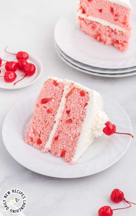 close up shot of a slice of Cherry Chip Cake with dollops of frosting topped with a cherry on a plate Cherry Chip Cake Recipe, Cherry Chip Cake, Cherry Cake Recipe, Nursing Cake, Fruity Cake, Spaceships And Laser Beams, Clam Recipes, Cherry Cake, Cherry Recipes