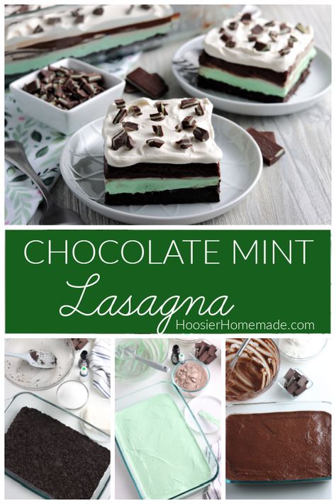 Spring Desserts Chocolate, Mint Lasagna Dessert, Mint Chocolate Layered Dessert, Shamrock Lasagna Recipe, Mint Chocolate Lasagna Recipe, Desert Lasagna Recipes, Desert Lasagna, Mint Pudding, Oreo Layer Dessert