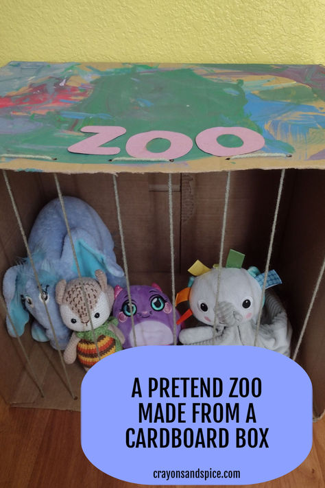 Picture of stuffed animals in a painted cardboard box made into a zoo with yarn bars and a purple sign Storing Stuffed Animals, Homemade Stuffed Animals, All About Mom, Pretend Play Toys, Kids Boxing, Easy Crafts For Kids, 7th Birthday, Zoo Animals, Pretend Play