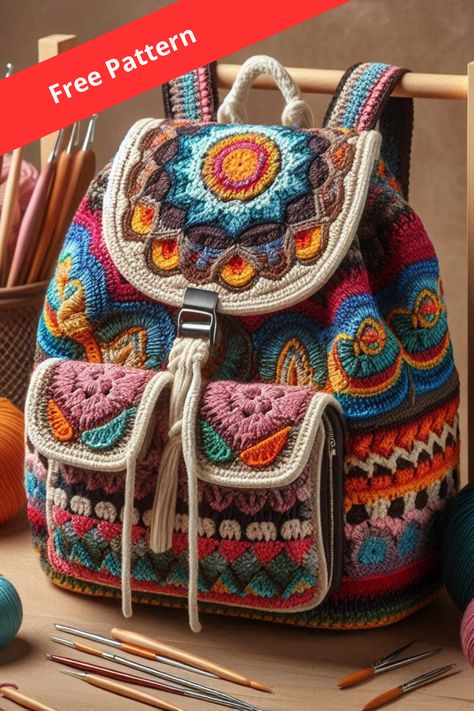 Create a vibrant and functional crochet backpack with this detailed pattern. Perfect for intermediate crocheters looking for a unique project. Knitted Backpacks Free Pattern, Retro Crochet Patterns Free, Granny Square Backpack Pattern, Crochet Bag Pattern Free Handbags Tutorials, Crochet Rucksack, Crocheting Backpack, Crochet Pattern Backpack, Crochet Granny Square Backpack Pattern, Crochet Backpack Purse