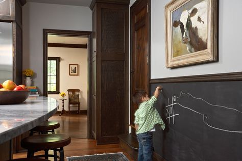 50 Ways to Decorate Your Home With Kids In Mind Chalkboard Wall Kitchen, Pink Kitchen Walls, Yellow Dining Chairs, Eclectic Kitchen Design, Chalkboard Wall Bedroom, Black Wainscoting, Accent Wall Colors, Eclectic Kitchen, Chalkboard Wall