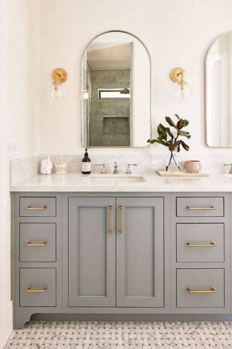 Half Bath Built In Vanity, Seafoam Bathroom Vanity, Kids Bathroom Vanity Ideas, Primary Bathroom Vanity Ideas, Mid Century Master Bath, Kids Restroom Ideas, Dark Vanity Bathroom Ideas, Bathroom Gray Vanity, Powder Bathroom Vanity