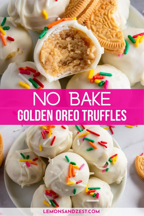 What's better than a Golden Oreo? A Golden Oreo Truffle! These simple, no bake treats are perfect for any party or gathering--dessert has never been this good, and this easy! #oreotruffles #nobake #oreos #goldenoreos Golden Oreo Desserts, Golden Oreo Cake, Oreo Truffle, Oreo Cake Pops, Oreo Desserts, Hot Chocolate Fudge, Golden Oreo, Desserts Christmas, Oreo Balls