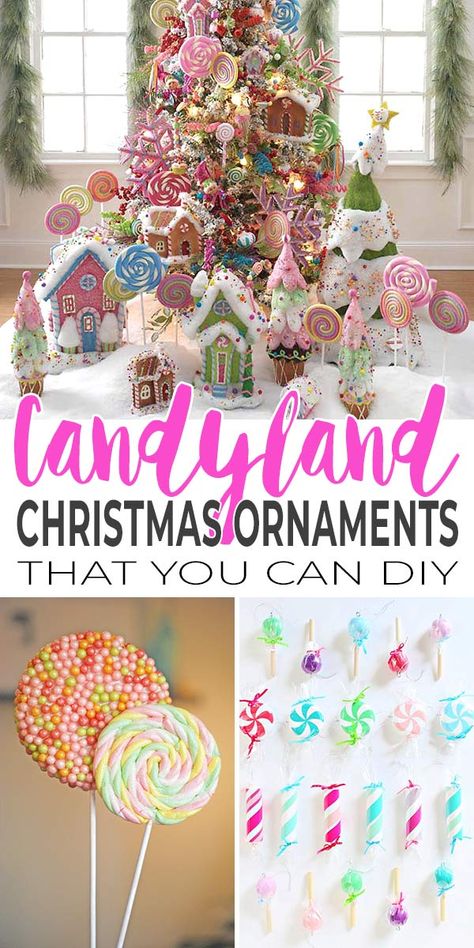 DIY Candyland Christmas Decorations & Ornaments • The Budget Decorator Diy Candyland Christmas Decorations, Candyland Christmas Decorations, Diy Candyland, Candy Decorations Diy, Diy Christmas Candy, Candy Christmas Tree, Gingerbread Christmas Decor, Christmas Tree Decorating Themes, Candy Ornaments