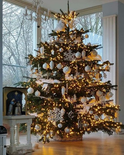 ChristmasTreeIdeas on Instagram: “White ornaments always look chic! ❄️🎄✨💙😍🤩 #christmas #christmastree #christmasdecor #decoration #housedecor #hollydays #xmas…” Real Xmas Tree Decorating Ideas, Real Xmas Tree, Christmas Tree White And Gold, Xmas Tree Decorating Ideas, Real Xmas Trees, Silver And White Christmas Tree, Icy Christmas, Christmas Tree White, Gold Christmas Tree Decorations