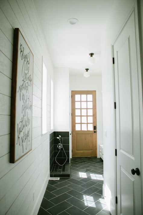 Grey Slate Tile, House Of Jade Interiors, Farmhouse Mudroom, Plank Walls, Foyer Decorating, Entry Way Design, Farmhouse House, Dog Rooms, Dog Shower