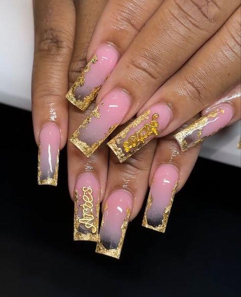 Aries Nails Ideas, Aries Birthday Nails Acrylic, Pink And Gold Birthday Nails, Aries Inspired Nails, 19th Birthday Nails Ideas, Aries Nails Acrylic, Aries Birthday Nails, Aries Nails, 21st Birthday Nails