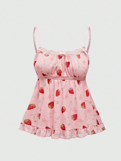 Plus Size Women Summer Contrast Lace Bow Strawberry Print Camisole Multicolor Boho   Mesh Fabric Fruit&Vegetable,All Over Print Cami Medium Stretch  Women Plus Clothing, size features are:Bust: ,Length: ,Sleeve Length: Heels Graduation, Graduation Heels, Summer Goth, Prom Heels, Plus Size Vintage, Strawberry Print, Plus Size Tank Tops, Lace Bows, Black Party