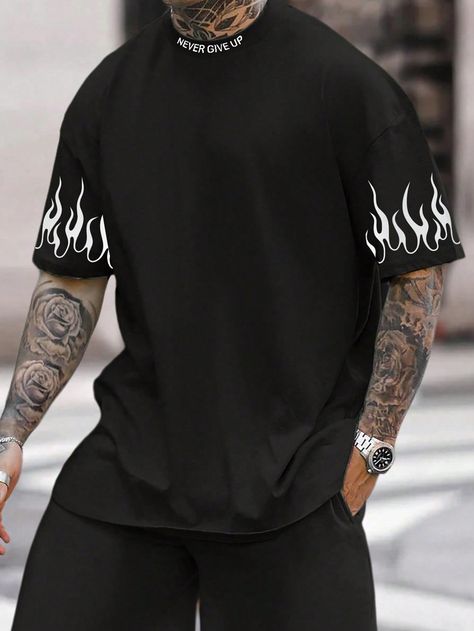 Black Casual Collar Short Sleeve Fabric Letter,Fire  Embellished Non-Stretch  Men Clothing Creative T Shirt Design, Streetwear Tshirt, Streetwear Men Outfits, Men Clothing, Estilo Casual, Dresses With Leggings, Urban Fashion, Fashion Online Shop, Mens Tees