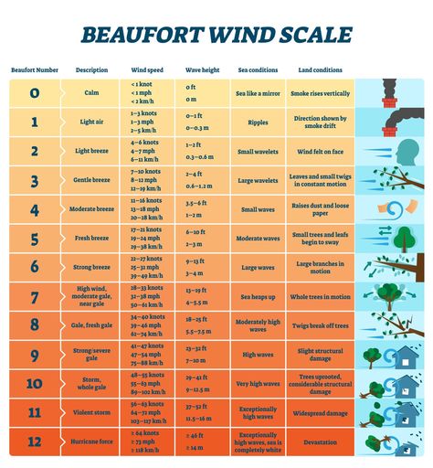 Image of the Beaufort scale for wind damage and speed. Beaufort Scale, Air Energy, Science Questions, Storm Surge, Weather Activities, Facts For Kids, Meteorology, Severe Weather, Survival Skills