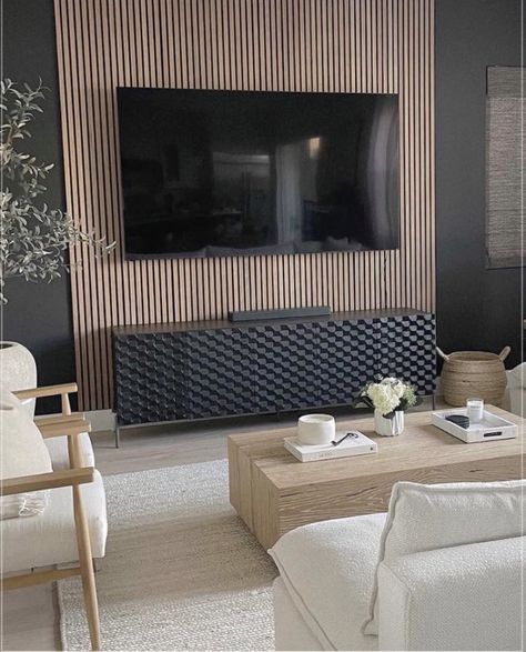 Wooden Accent Wall, Living Room Panelling, Feature Wall Living Room, Wood Slat Wall, Accent Walls In Living Room, Teal Walls, Media Cabinet, Slat Wall, Loft Spaces