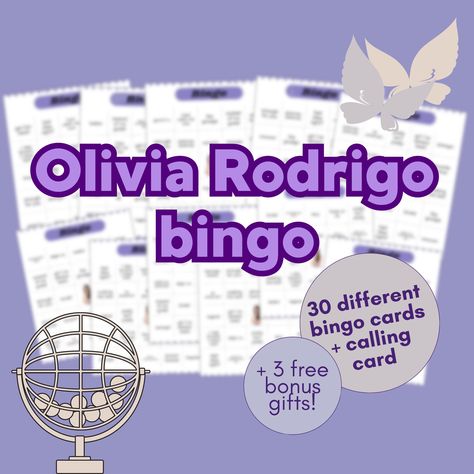 Step into the fun with our Olivia Rodrigo Song Bingo! Designed for fans and party-goers alike, this digital bingo set promises to add excitement to any gathering with Olivia's hits. 🦋What's Included ♫ 30 Unique Bingo Cards: Each card features Olivia Rodrigo's song titles, allowing up to 30 participants without repeats. ♫ Calling Card: For tracking which songs have been played, ensuring everyone has a fair shot at bingo! ♫ Instructions Sheet: Simple instructions for quick setup and play. 🦋Choos Olivia Rodrigo Playlist, Olivia Rodrigo Party, Olivia Lyrics, Bored Jar, Bingo Set, Olivia + Core + Aesthetic, Things I Need To Buy, Fun Party Games, Bingo Printable