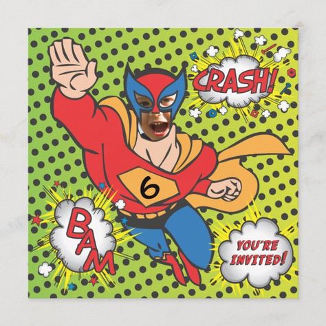 Superhero comic book birthday party photo card Superhero Birthday Invitations Free, Superhero Birthday Party Ideas, Book Birthday Party, Book Themed Birthday Party, Superhero Comic Book, Bubble Birthday Parties, Book Birthday Parties, Superhero Birthday Invitations, Bubble Birthday