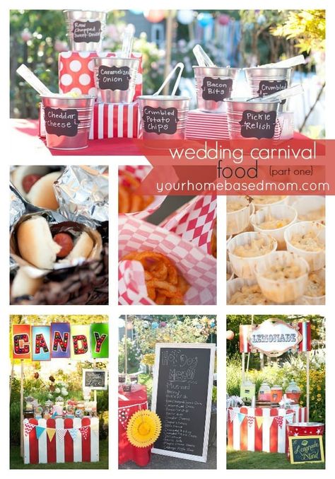 Carnival Food Ideas, Carnival Party Foods, Vintage Carnival Theme, Carnival Wedding Theme, Wedding Carnival, Fall Fair, Post Prom, Gourmet Hot Dogs, Fair Theme