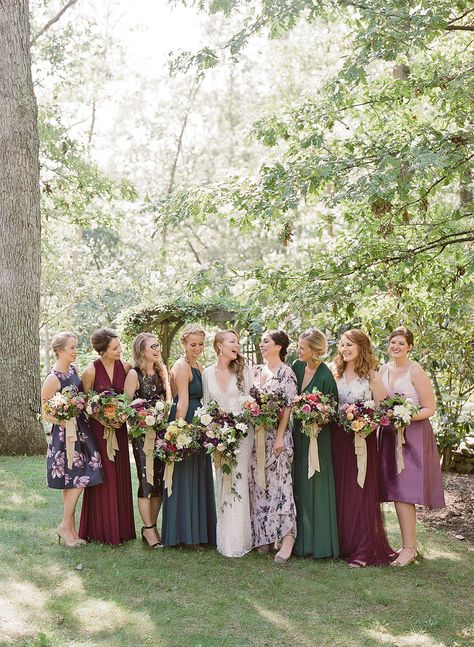 Mauve Wedding Party, Mismatched Dresses, Fall Wedding Color Palette, Martha Weddings, Mauve Wedding, Autumn Tones, Earthy Wedding, Celebrity Wedding Dresses, Mismatched Bridesmaids