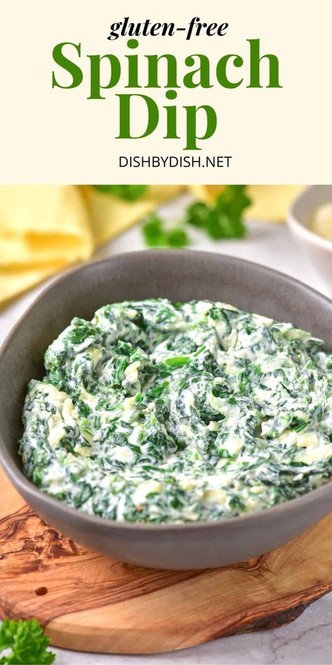 This easy gluten-free spinach dip is creamy, cheesy and perfect with crackers, toasts, or vegetable crudités! Serve it at your next gathering as a tasty appetizer and see how fast is gets devoured! Totally dairy-free and vegan too! Gluten Free Spinach Dip Recipe, Gluten Free Spinach Dip, Dairy Free Creamed Spinach, Fresh Spinach Recipes, Knorr Spinach Dip, Vegan Spinach Dip, Gluten Free Dips, Spinach Dip Easy, Spinach Dip Recipe