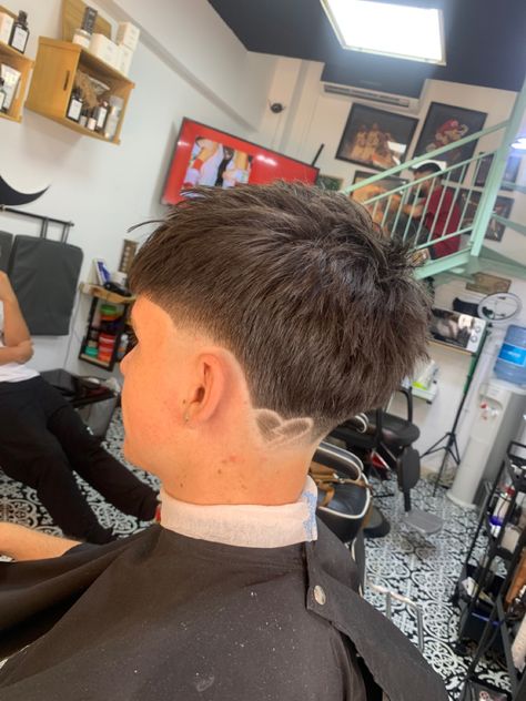 Heart Design Haircut Men, Taper Fade Heart Design, Heart Design Haircut, Taper Design Haircut, Back Taper Design Haircut, Tape Fade, Haircuts Designs, High Taper Fade, Taper Fade Curly Hair