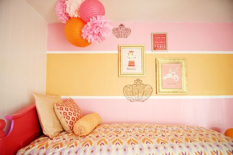 A small space turned into a fabulous pink and tangerine toddler room.  #toddler Yellow Girls Room, Yellow Kids Rooms, Girls Apartment, Shared Girls Room, Pink Girl Room, Colorful Kids Room, Kids Room Paint, Yellow Room, Bedroom Orange