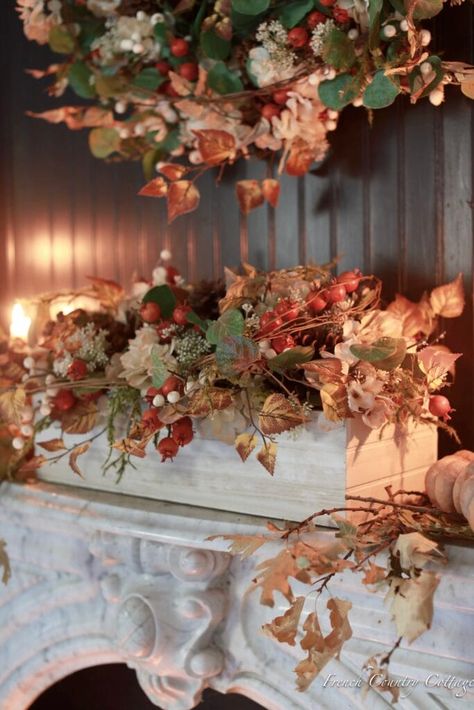 Farmhouse Inspired Fall Mantel Decor - French Country Cottage French Country Fall Decor, Courtney Allison, Farmhouse Mantel Decor, Autumn Door Decor, Fall Mantel Decor, Fresh Garlands, French Vintage Decor, Cottage Wreath, Beautiful Front Doors