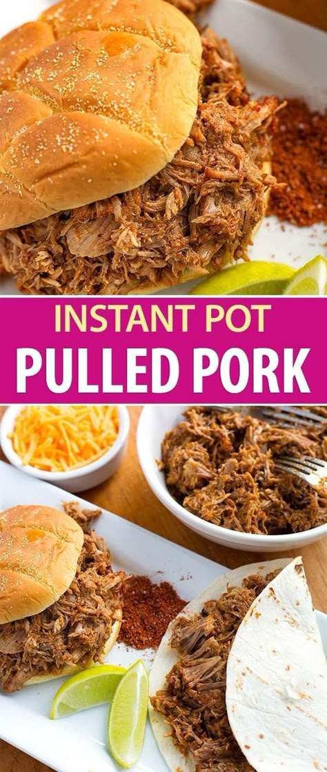 Instant Pot Pulled Pork is flavorful and very tender pork shoulder that you can shred for sandwiches, tacos, over rice or potatoes. Pressure cooker pulled pork. simplyhappyfoodie.com #instantpotpulledpork #pressurecookerpulledpork #instantpotrecipes #pressurecookerrecipes Instant Pot Pulled Pork Recipe, Pressure Cooker Pulled Pork, Instant Pot Pulled Pork, Grill Sandwich, Barbecue Pulled Pork, Bbq Sandwich, Pulled Pork Recipe, Boneless Pork Shoulder, Instant Pot Pork