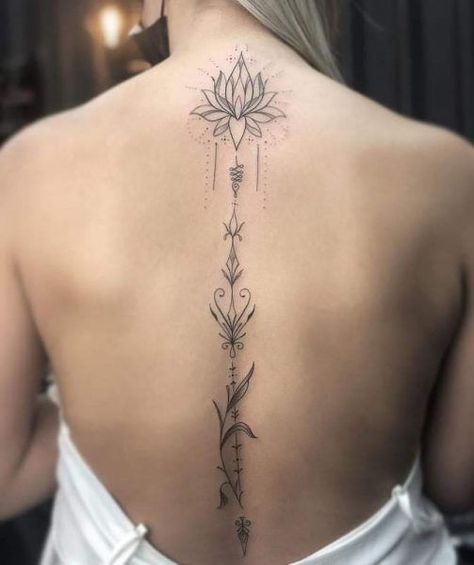 Lotus Flower Tattoo Upper Back, Back Tattoo Women Lotus Flower, Lotus Upper Back Tattoo, Waterlily Spine Tattoo, Spine Tattoos Lotus Flower, Lotus Tattoo Spine, Lotus Flower Back Tattoo For Women, Spine Tattoos For Women With Meaning, Lotus Flower Tattoo Spine