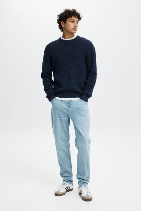 Cotton On Males - Relaxed Tapered Jean - Sometime blue- #Blue #Cotton #Jean #Men #Relaxed #Tapered Check more at https://howcandothis.com/manstyle/cotton-on-males-relaxed-tapered-jean-sometime-blue/ Relaxed Tapered Jeans Men, Mens Fashion Inspiration Summer, Sweater Jeans Outfit Men, Modern Minimalist Fashion Men, Men’s Outfit Inspo Winter, Relax Jeans Outfit, Types Of Mens Fashion, Man Jeans Outfit, Men’s 2024 Fashion