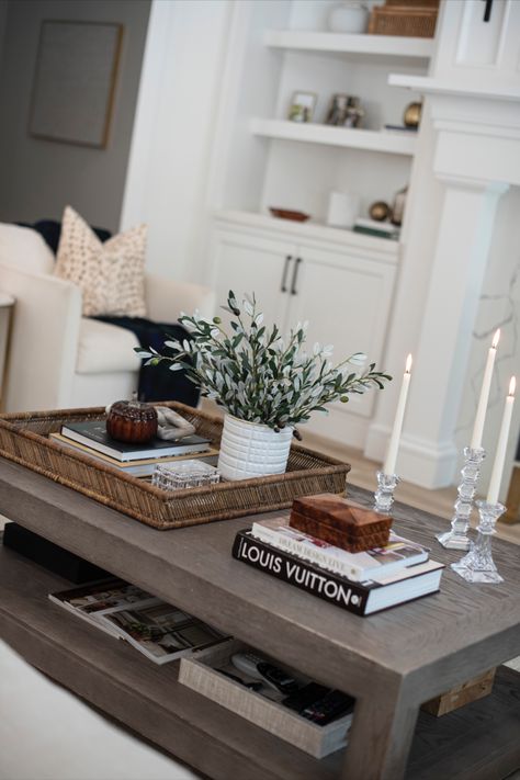 Coffee Table Decor Contemporary, Condo Coffee Table, Rectangular Coffee Table Styling Ideas, Living Room Table Styling, Council Table Decor, Long Coffee Table Decor, Living Room Table Decor Coffee Tables, Rectangle Coffee Table Decor Living Room, Rectangular Coffee Table Styling