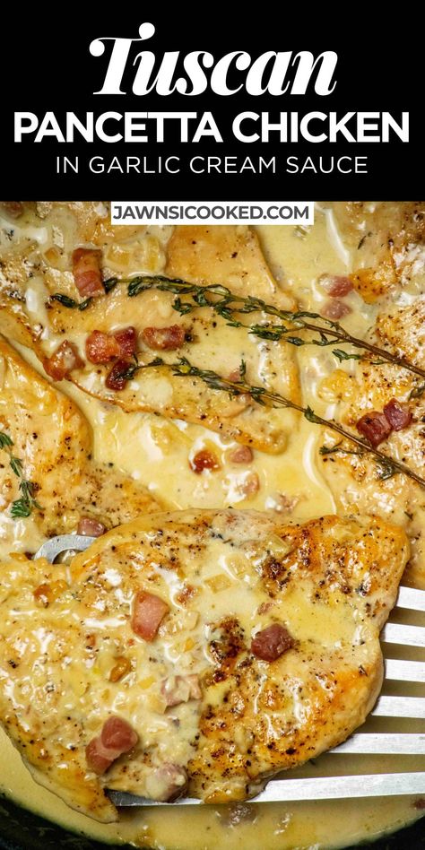 Tuscan Pancetta Chicken Breast in Garlic Cream Sauce Pancetta Cream Sauce, Chicken Pancetta Recipes, Recipes With Pancetta, Gourmet Chicken Recipes, Sunday Night Dinner Ideas, Fancy Dinner Ideas, Cream Sauce Chicken, Pancetta Recipes, Chicken With Garlic