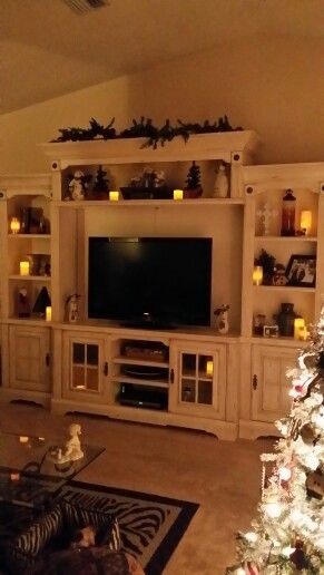 Decor For Top Of Entertainment Center, Tv Console Decorating, Wall Units With Fireplace, Large Entertainment Center, Old Entertainment Centers, Wall Unit Designs, Entertainment Wall Units, Fireplace Entertainment Center, Living Room Entertainment Center