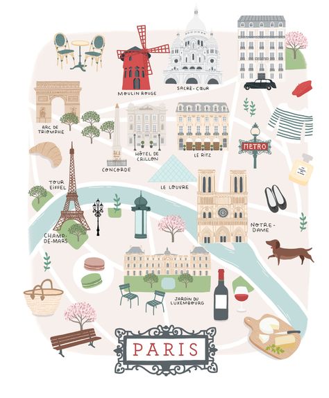 Paris Map Illustration, Map Illustrations, Illustrated Logo, Map Of Paris, Wildlife Illustration, Paris Patterns, Paris Illustration, Map Illustration, Paris Place