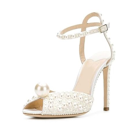 Goolita Womens Peep Toe Stiletto Heeled Sandals Shiny Pearl Buckle Ankle Strap Wedding Pumps Dress Evening Bride Bridal Shoes Most Comfortable High Heels, Wedding Sandals Heels, Wedding Pumps, White Sandals Heels, Wedding Dress Shoes, Wedding Sandals, Stiletto Sandals, Bride Shoes, Slingback Heel