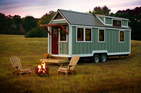 This is a Stunning Sage Green THOW by Bear’s Tiny Homes in Georgia that’s for sale. The 250 sq. ft. home includes a sliding deck (super cool!) and the much-desired downstairs bedroom! I… Green Tiny House, Tiny Homes For Sale, Downstairs Bedroom, Tiny House Company, Georgia Homes, Tiny Houses For Sale, Tiny House Interior, Small Places, Cabin Style