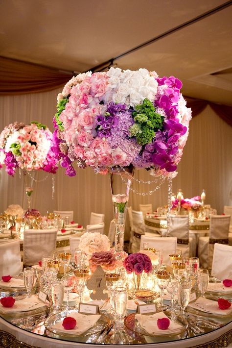 Colorful Wedding Centerpiece Reception Flower Arrangements, Royal Wedding Decorations, Wedding Reception Flower Arrangements, Colorful Wedding Centerpieces, Orchids And Roses, Pretty Table Settings, Pretty Wedding Cakes, Wedding Design Inspiration, Tall Wedding Centerpieces