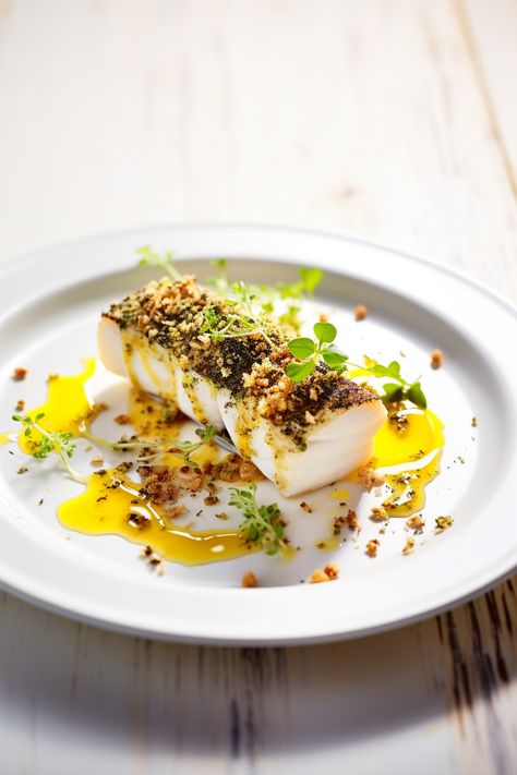 "Experience the Fresh Flavours: Baked Cod with a Crust of Herbs and Lemon Zest Recipe" Fine Cuisine Recipes, Fine Dining Fish Recipes, Best Cod Fish Recipes, Cod Dinner, Fresh Fish Recipes, Crusted Cod, Cod Dishes, Food Presentation Plates, Seafood Entrees