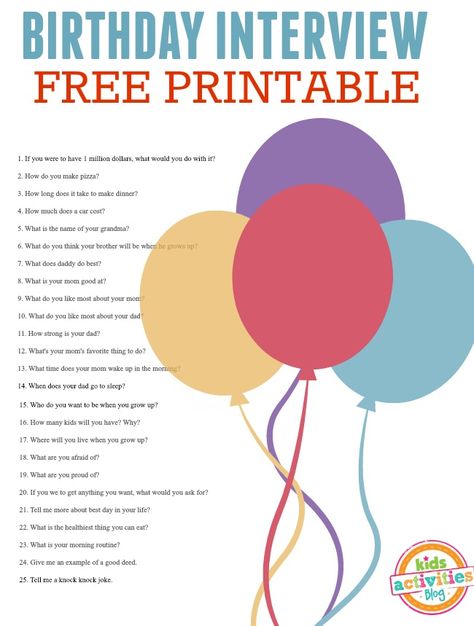 Love annual birthday interviews! Here's a free printable birthday interview questionnaire to help you come up with questions to ask. Who Knows The Birthday Girl Best, Birthday Interview Questions, Birthday Questions, Birthday Interview, 25 Questions, Birthday Traditions, Funny Questions, Printable Activities For Kids, Unique Birthday