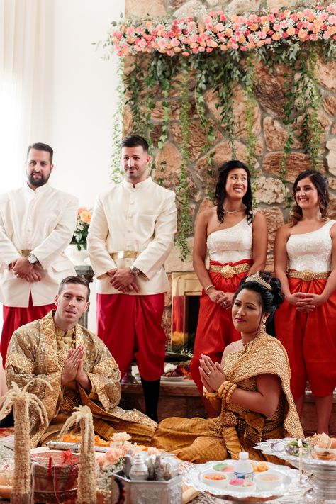 Cambodian American Wedding, Cambodian Wedding Ceremony, Cambodian Wedding Dress Traditional, Khmer Wedding Ceremony, Lao Wedding Ceremony, Cambodian Outfits, Lao Wedding, Wedding Area, Laos Wedding