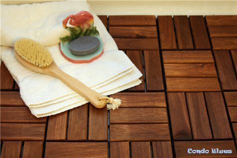 Wood Shower Floor, Outdoor Wood Decking, Teak Shower Floor, Wood Deck Tiles, Outdoor Decking, Shower Floor Mat, Ikea Outdoor, Concrete Flooring, Modern Flooring