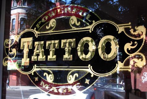 Tattoo Shop Window, Shop Window Ideas, Tattoo Shop Interior, Window Lettering, Antique Tattoo, Gold Leaf Signs, Fantasy Tattoo, Window Signage, Yabu Pushelberg