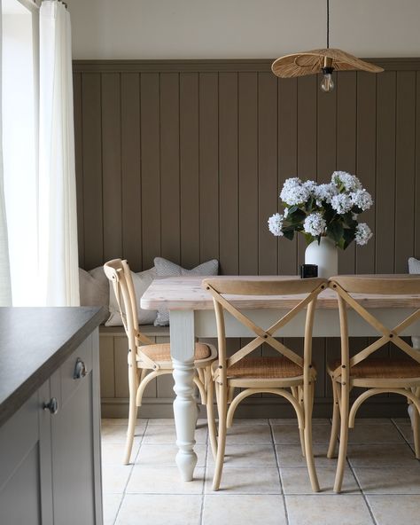 Our dining space ✨ Swipe for the before pics 🤍 #DiningRoomDecor #HomeInterior #HomeDecor #DiningRoomInspo #ModernCountryHome #InteriorInspo #ModernRustic #ThePureEdit #NeutralHome #MyIdealHome #Panelling #BanquetteSeating #TongueAndGroove Dining Room Tongue And Groove, Tongue And Groove Dining Room, Cotswold Kitchen, Tounge And Groove, Banquette Seating, Dining Nook, Tongue And Groove, Modern Country, Breakfast Nook