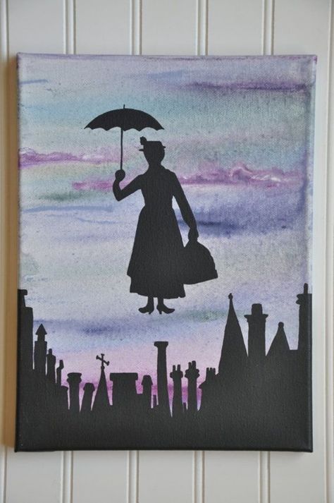 40 Pictures of Cool Disney Painting Ideas 29 Mary Poppins Silhouette, Disney Painting, Disney Canvas Art, Disney Canvas, Disney Paintings, Silhouette Painting, Disney Decor, Art Disney, Pinturas Disney