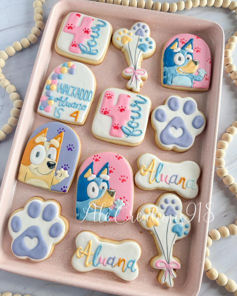 Bluey Cookies 🐾💙 Pricing? 👉🏻 https://msha.ke/alecreations918 • • • • #alecreations918 #tulsasmallbuisness #tulsaoklahoma #decoratedsugarcookies #customcookies #cookie #cookies #decoratedcookies #inspirationcookies #cookiesofinstagram #desserts #dessertideas #dessertideas #partyideas #party #sugarcookies #royalicing #royalicingcookies #cookies #cookiesideas #royalicingideas #blueycookies #bluey #blueyfanart #blueyart #blueyparty #blueycake #blueyandbingo #blueybirthday #blueybirthdayparty #blu... Bluey Pool Party Ideas, Bluey Cookies Decorated, Bluey Cookies, Bluey Party Ideas, Bday Cookies, Kids Desserts, Bluey Party, Cookies Royal Icing, Kid Desserts