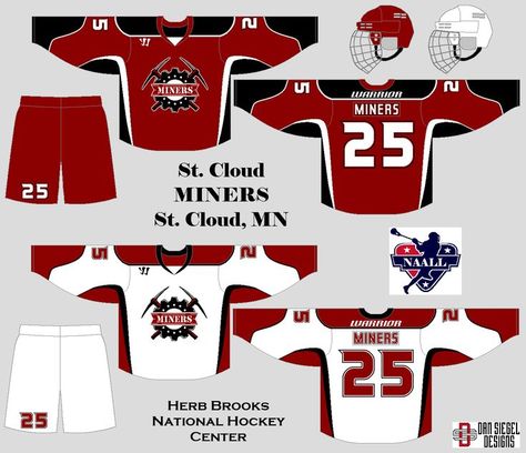 St. Cloud Miners uniform set concept Hockey Uniform Design, Hockey Uniform, American Football Uniforms, Hockey Uniforms, Lacrosse Team, Sport Shirt Design, Ice Hockey Teams, St Cloud, Classic Cartoon Characters