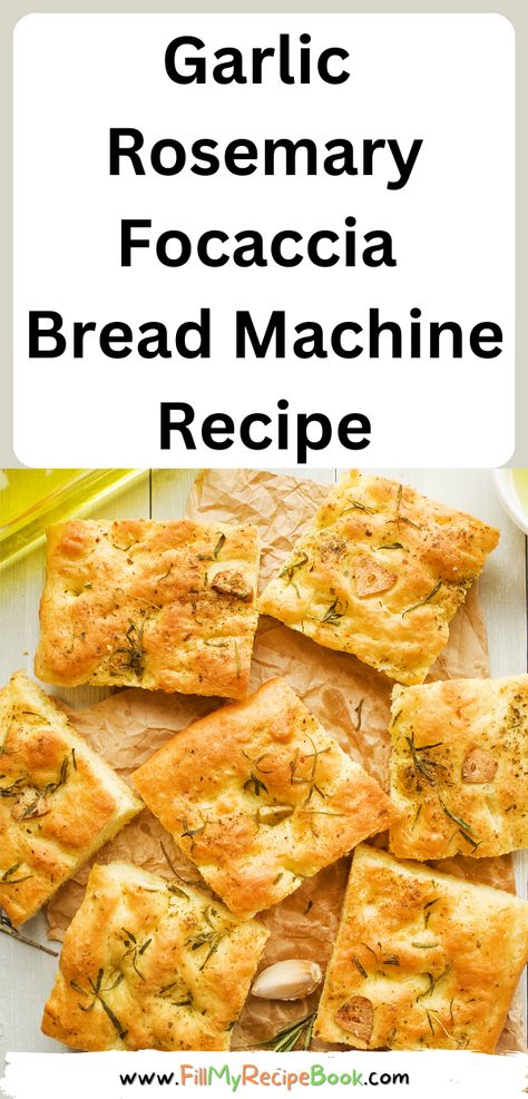 Garlic Rosemary Focaccia Bread Machine Recipe. A bread machine dough for an easy oven bake side with fresh rosemary and herbs topping. garlic, rosemary, focaccia, bread, recipes, homemade, breadmachine, dough, sidedish, appetizer, starter Bread Machine Herb Bread Recipe, Bread Machine Recipes Rosemary Garlic, Garlic Herb Bread Machine Recipes, Focaccia Bread Machine Recipe, Bread Machine Garlic Herb Bread, Rosemary Olive Oil Bread In Bread Maker, Easy Bread Machine Recipes, Homemade Brioche, Olive Oil Bread