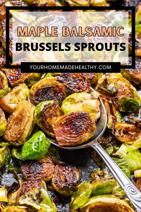 Maple Balsamic Brussel Sprouts in a spoon Balsamic Maple Brussel Sprouts, Maple Brussel Sprout Recipes, Brussel Sprout Balsamic Glaze, Brussel Sprouts Balsamic, Maple Balsamic Brussel Sprouts, Honey Balsamic Brussel Sprouts, Caramelized Brussel Sprouts, Maple Brussel Sprouts, Balsamic Brussel Sprouts