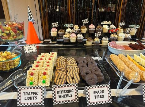 Cars Birthday Party Food Ideas, Two Fast Party Food Ideas, Two Fast Food Table, Two Fast Birthday Theme Food, Fast One Food Ideas, 2 Fast 2 Furious Birthday Party Food, Cars Movie Party Ideas, 2 Fast Cars Birthday Party, Need Four Speed Birthday Theme Food