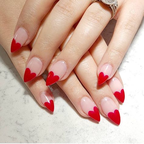 Valentines Day Inspired Nails, Cute Valentines Nails Almond Shape, Valetine Almond Nails, Feb Nails Valentines Day Almond, Heart French Tip Nails Almond, Valentines Nails Solid Color, Fun Valentines Nails Almond, Valentines Day Nails Designs Almond, Valentine’s Day Nails Red