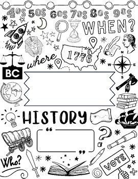 Social Studies Doodle Sheets and Binder Covers for US. #Social_Studies_Coloring_Pages #Social_Science_Doodle #Social_Studies_Cover_Page_Aesthetic #Social_Project_Design Social Studies Coloring Pages, Social Science Doodle, History Class 12 Project File, History Written In Calligraphy, History Doodles Art, Social Project Design, Social Project Cover Page, History Decorations Ideas, Social Studies Binder Cover