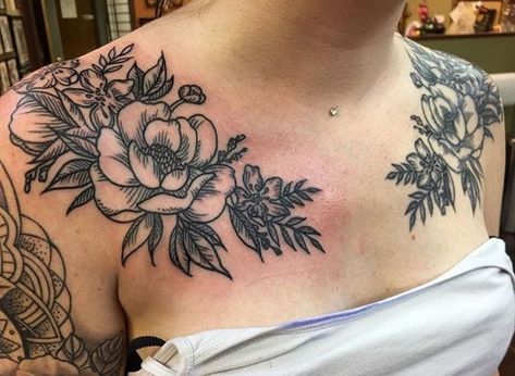 Traditional Black Floral Tattoo, Clavicle Tattoo Cover Up, Shoulder And Chest Tattoos For Women, Peony Chest Tattoo Female, Chest Tattoo Floral, Collarbone Cover Up Tattoo, Shoulder And Collar Bone Tattoos, Chest Tattoo Women Ideas, Traditional Chest Tattoo Female