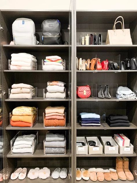 Organize Deep Closet Shelves, Open Shelf Clothing Storage, Storing Clothes On Shelves, Clothes On Shelves, Organizing Deep Closets, Girly Apartment Ideas, Organized Closets, Wide Bookshelf, Guys Room Aesthetic